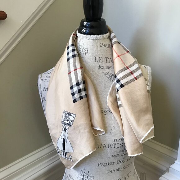 Vintage Burberry Silk Scarf Wrap Square Tan Black Plaid Handkerchief Neck Tie - Picture 7 of 9